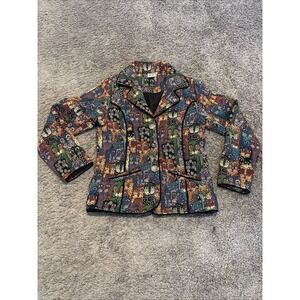 Vintage Allover Cat Lady Tapestry Jacket Wearable‎ Art Tapestry Sage 90s Small S